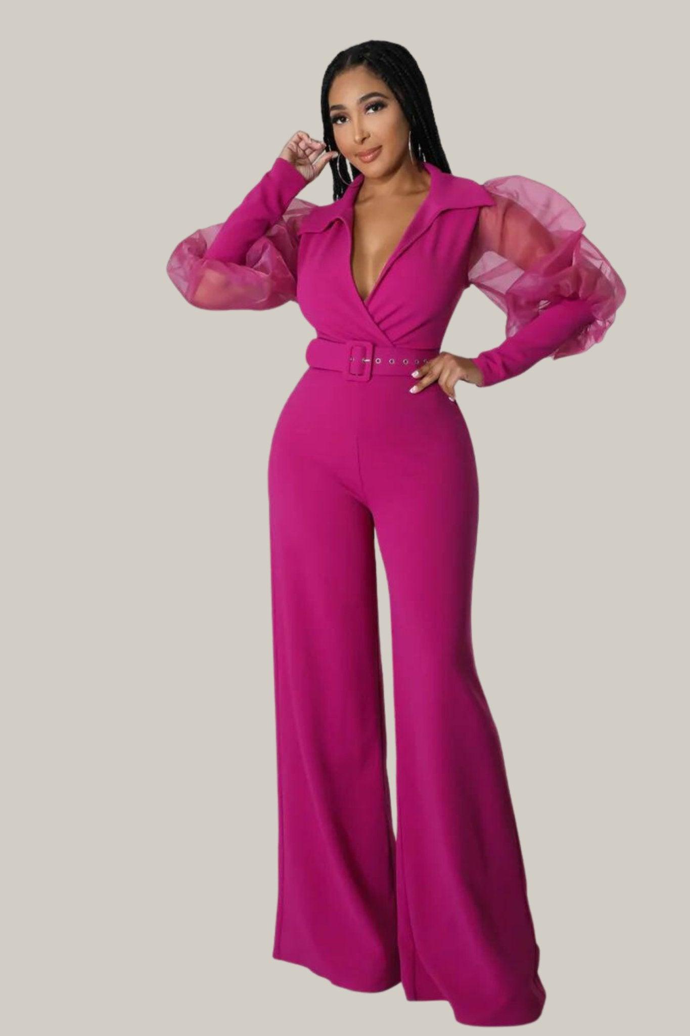 Kiana Puff Sleeves Belted Jumpsuit - MY SEXY STYLES
