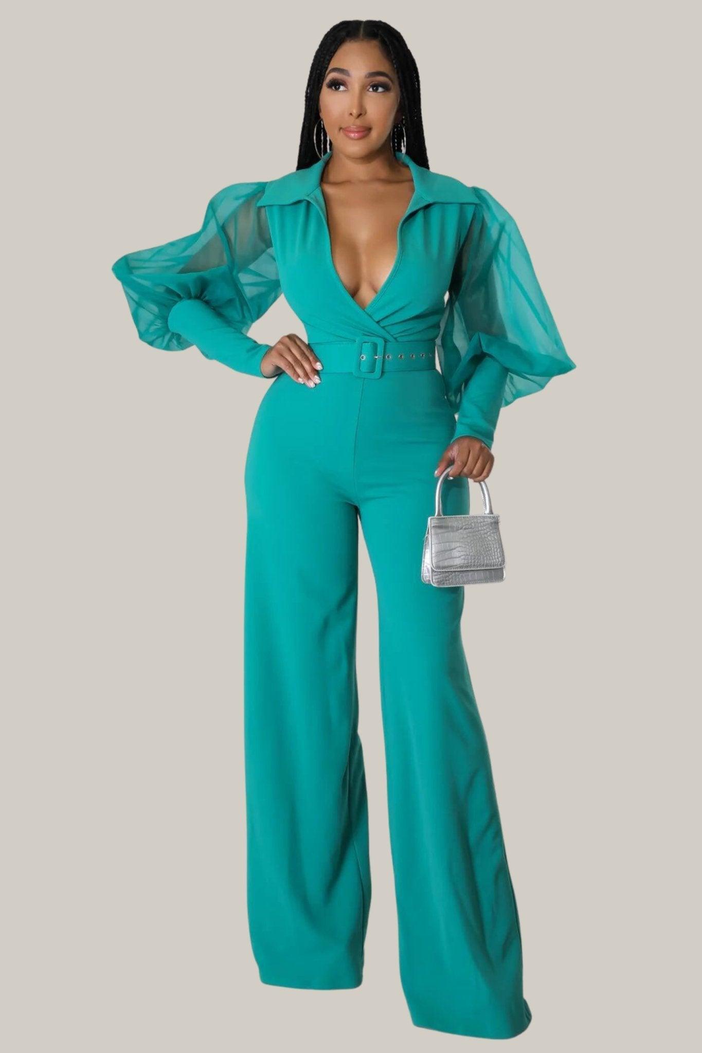 Kiana Puff Sleeves Belted Jumpsuit - MY SEXY STYLES