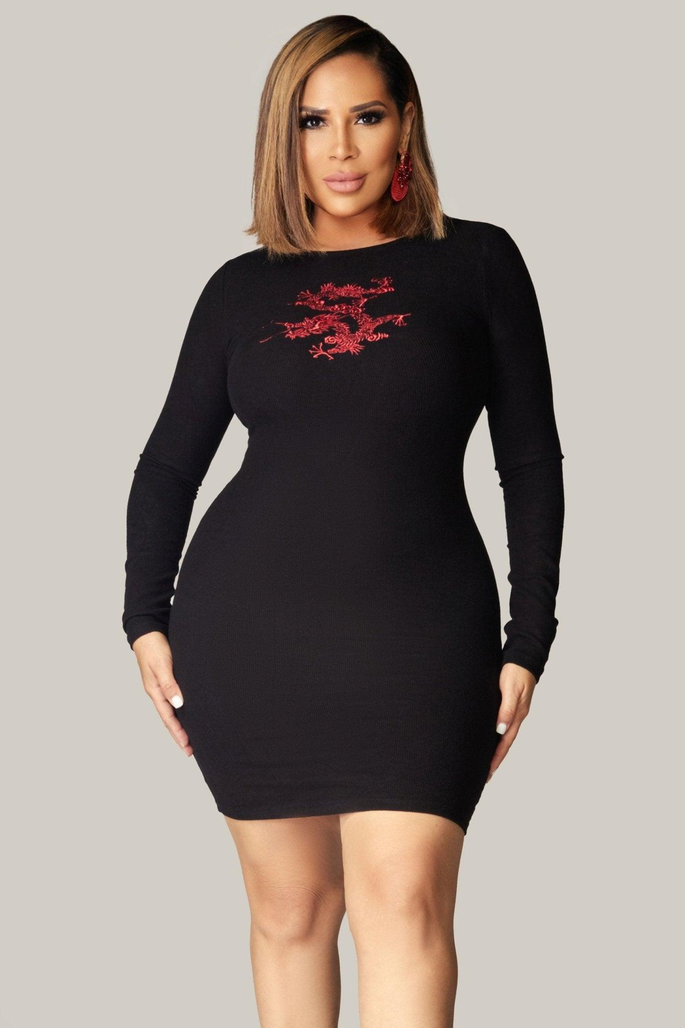 Kinley Long Sleeve Dragon Embroidered Mini Dress - MY SEXY STYLES
