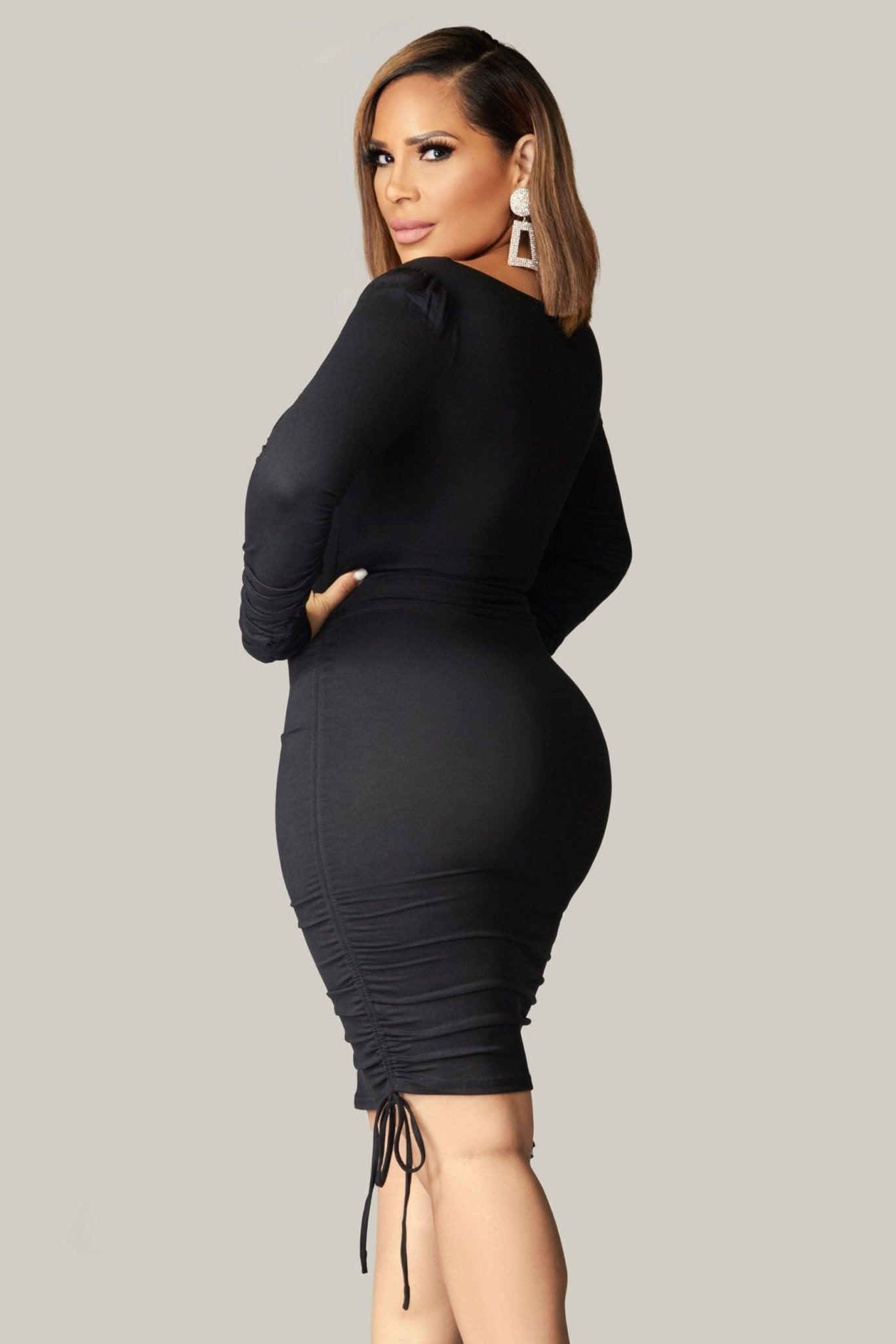 Leanna Long Sleeve Mini Dress with Ruched and Tie Detail - MY SEXY STYLES