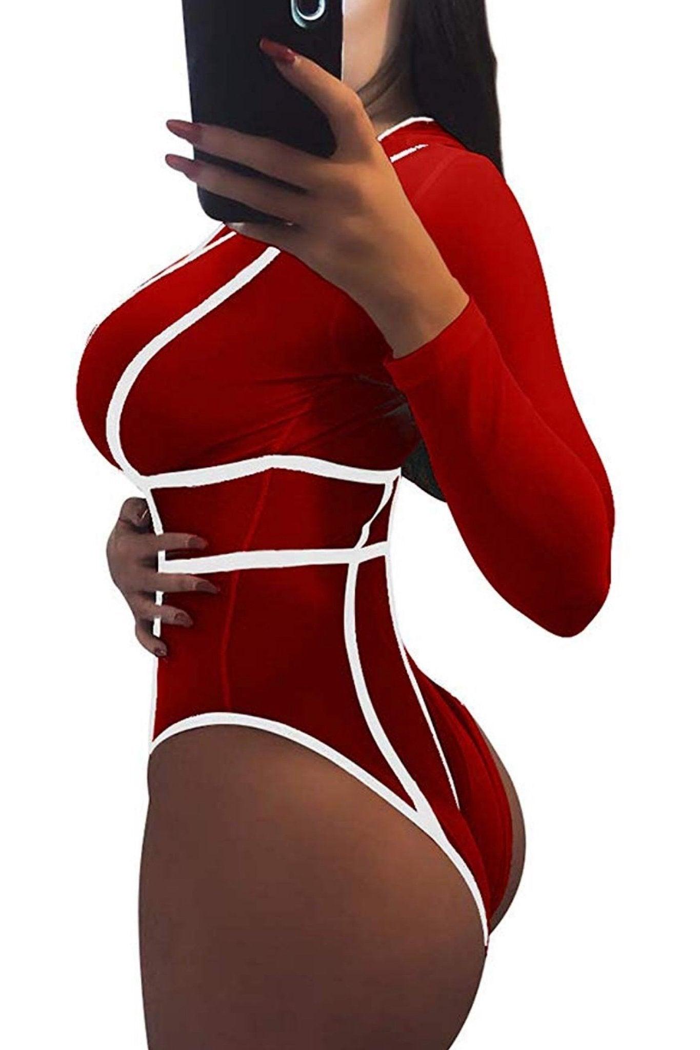Leni Sexy V-Neck Long Sleeves Stripe Bodysuit - MY SEXY STYLES
