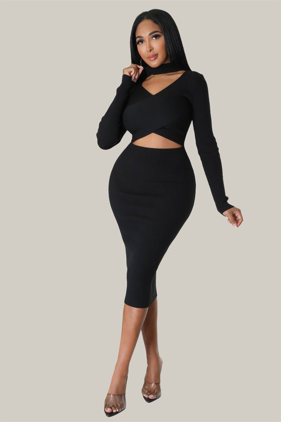 Malani Crossed Front Ribbed Midi Dress - MY SEXY STYLES