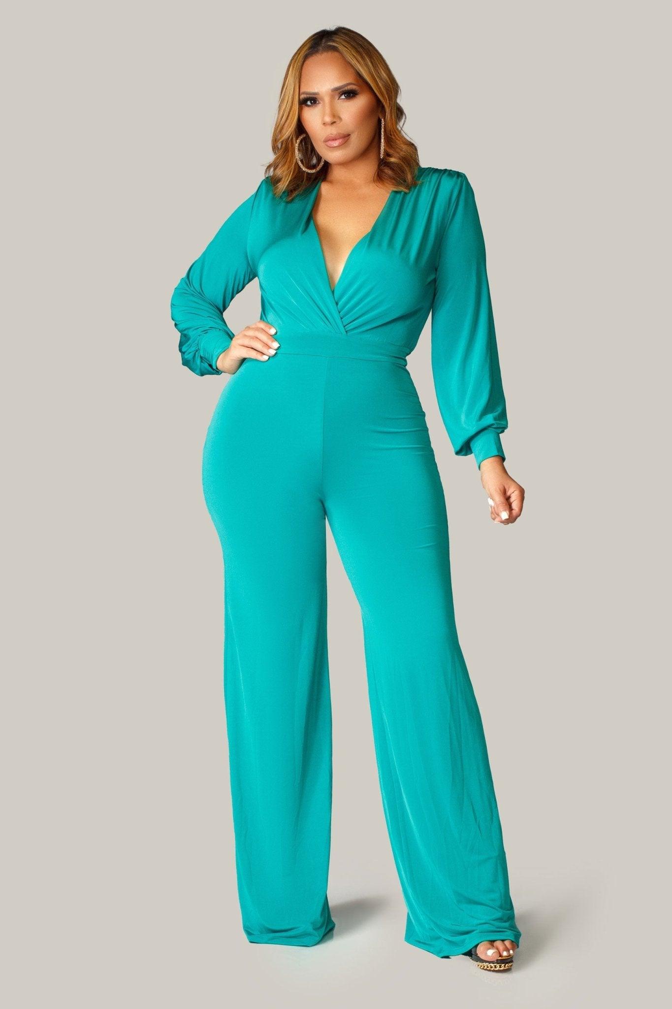 Renee Puff Long Sleeves V Neck Jumpsuit - MY SEXY STYLES