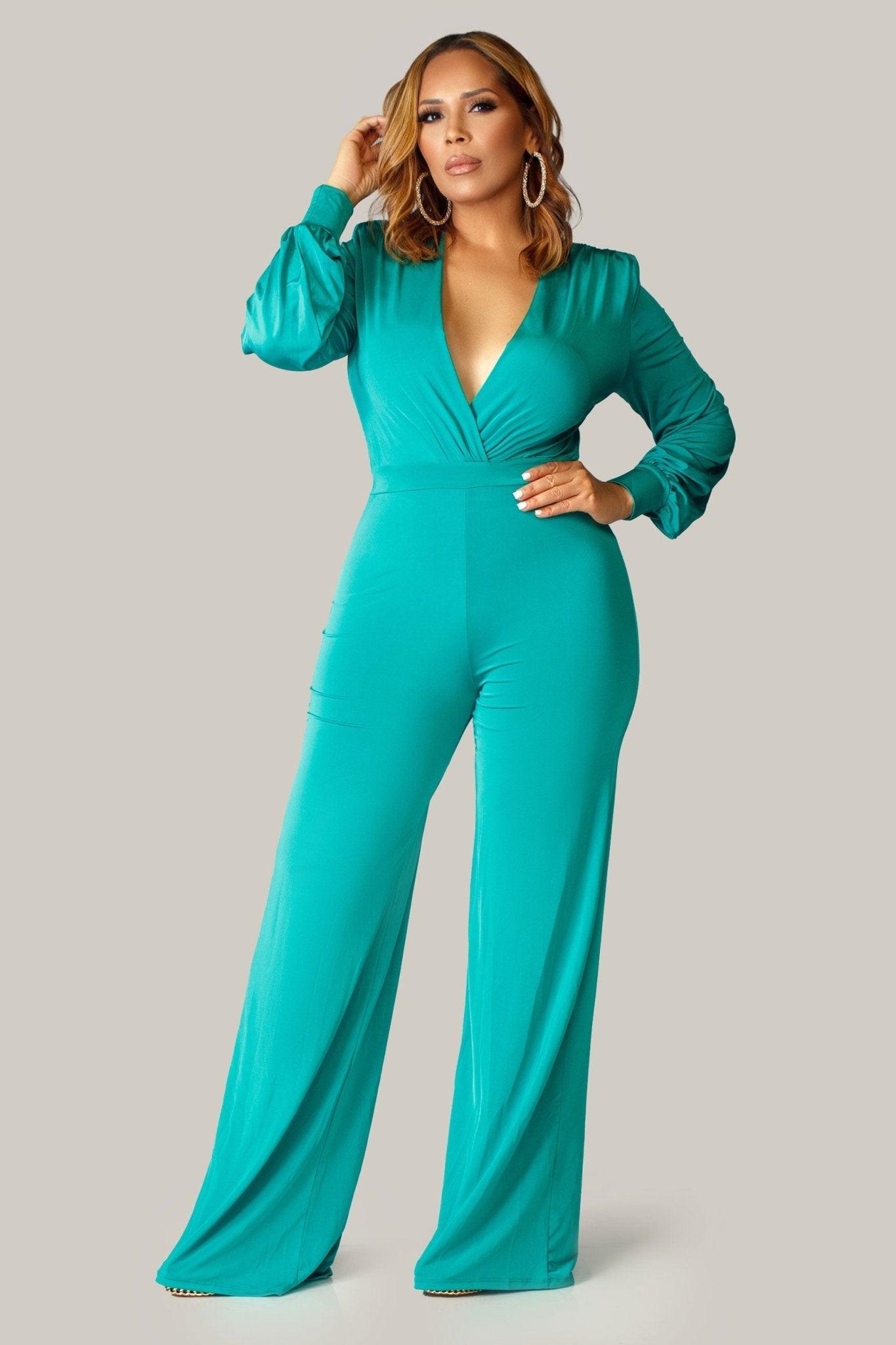 Renee Puff Long Sleeves V Neck Jumpsuit - MY SEXY STYLES