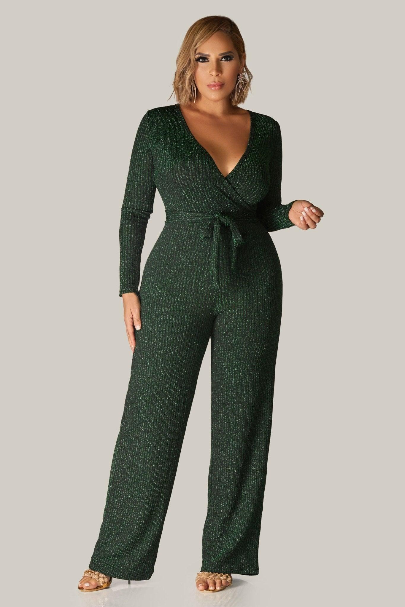 Rory Sexy V Neck Sparkly Long Sleeves Cocktail Jumpsuit with Belt - MY SEXY STYLES