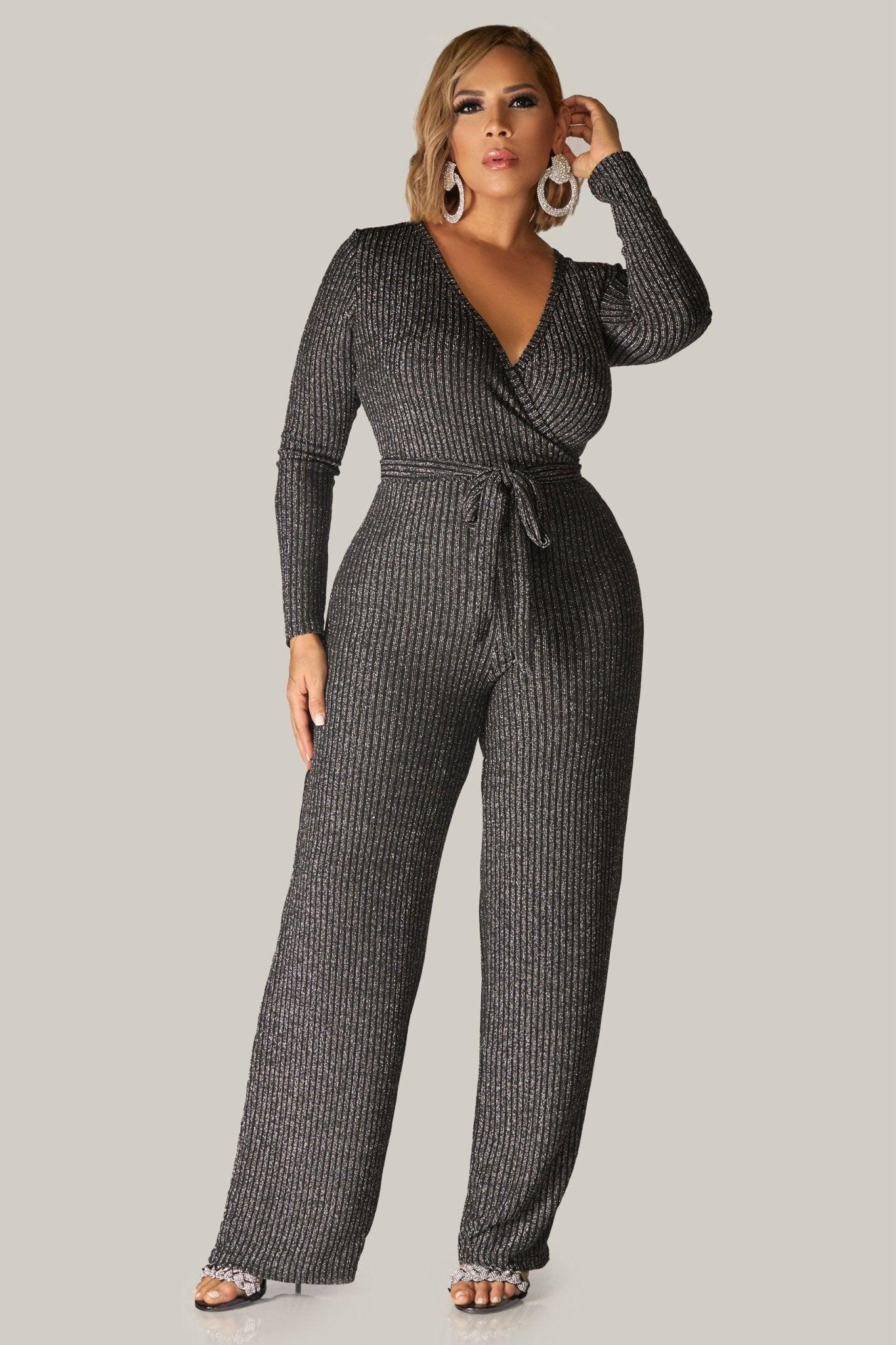 Rory Sexy V Neck Sparkly Long Sleeves Cocktail Jumpsuit with Belt - MY SEXY STYLES