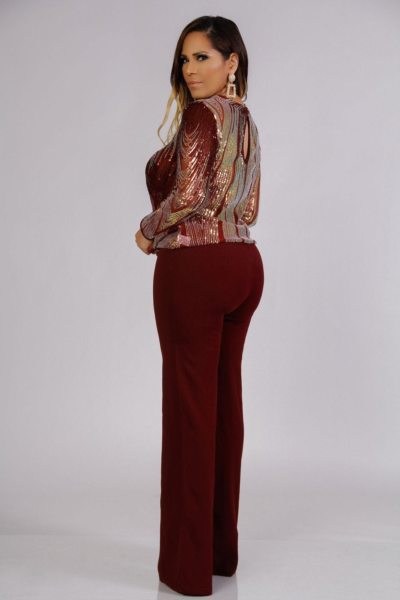 Whitney Elegant Keyhole Sequin Blouse in Burgundy - MY SEXY STYLES