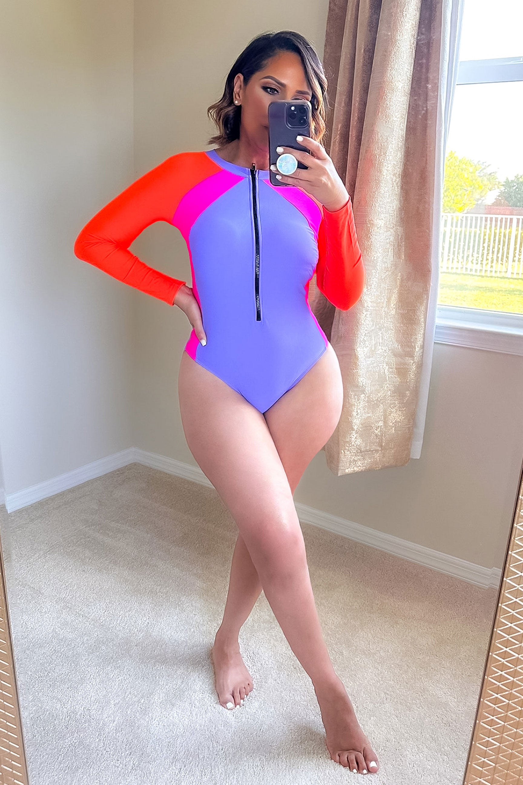 Color Block Zipper Front One Piece Swimsuit