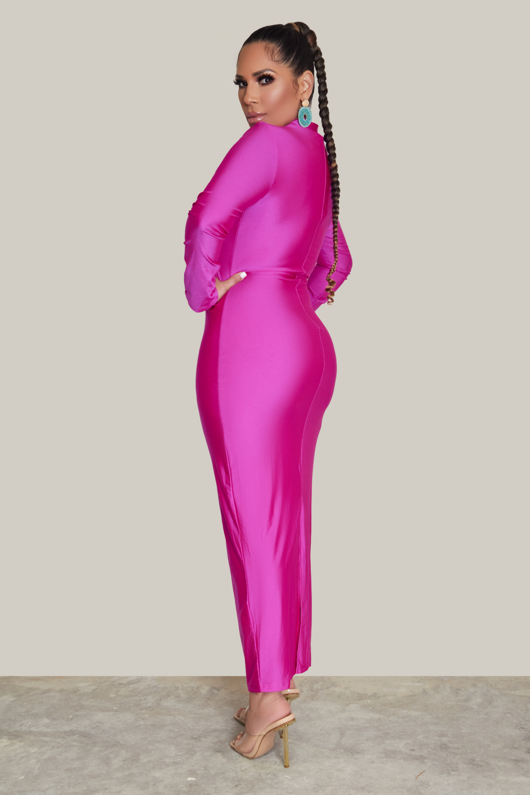 Hot Pink Long Sleeve Bodycon Maxi Dress
