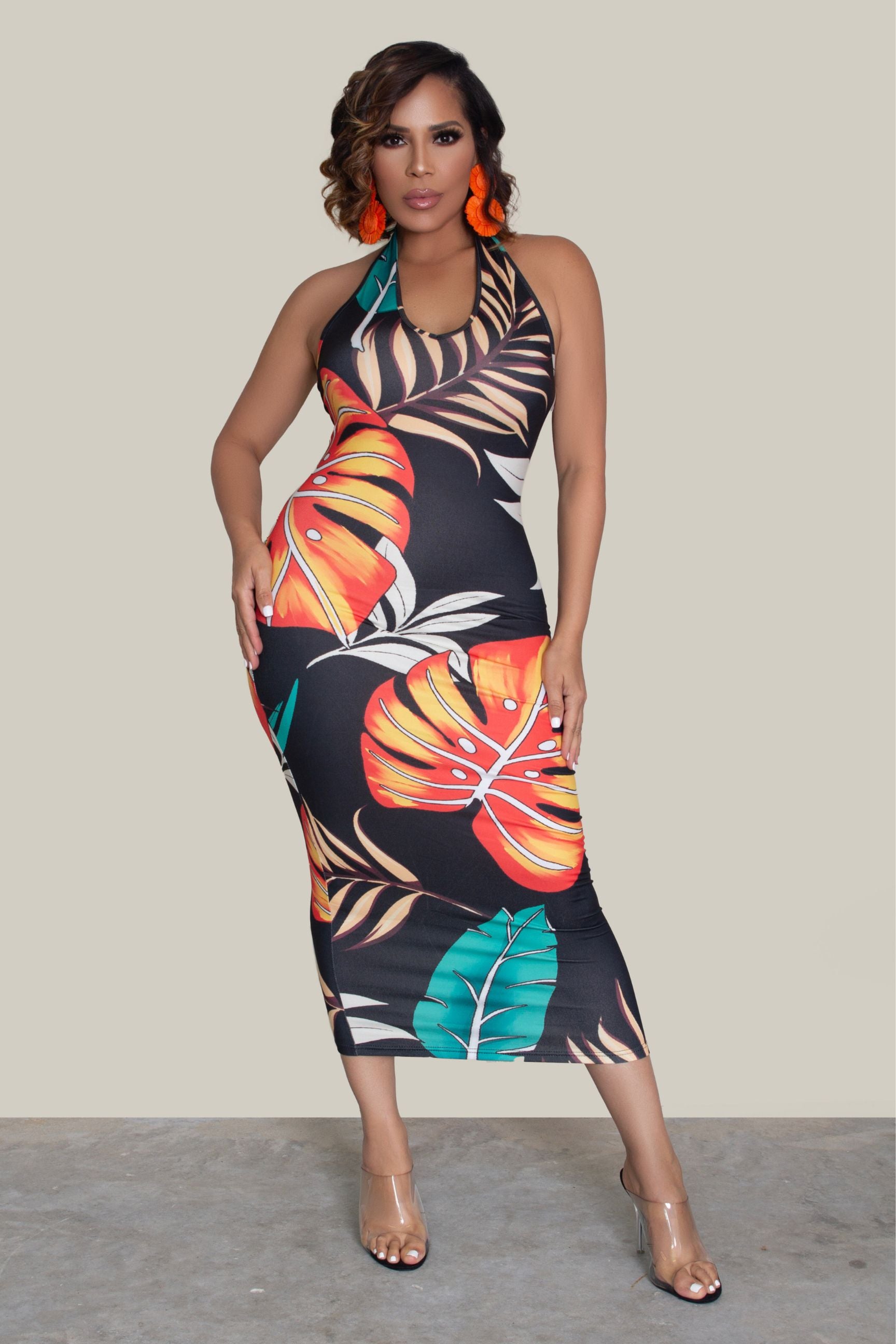 Tropical Print Halter Bodycon Dress