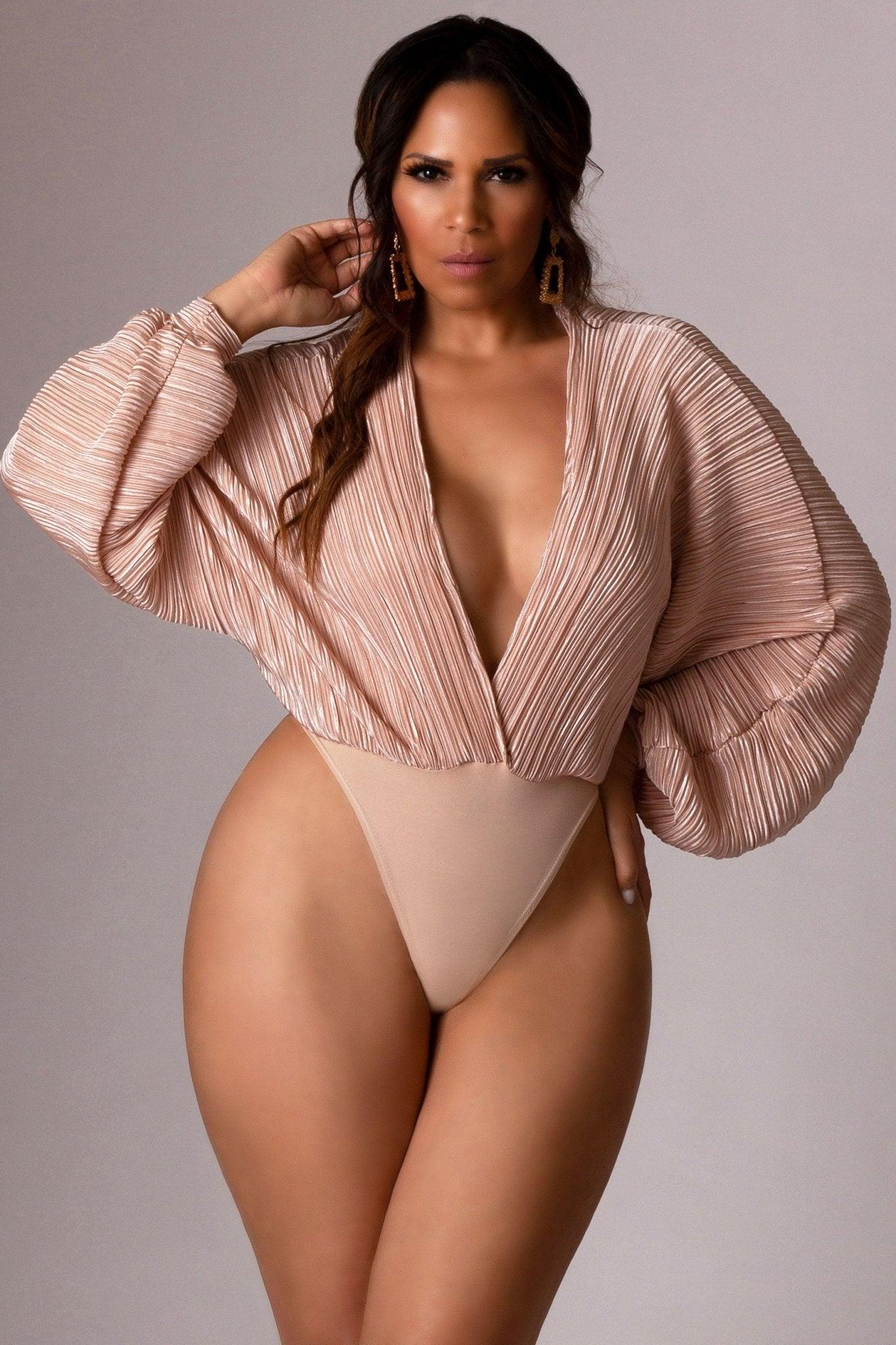 Addison Long Sleeves Pleated Bodysuit in Misty Rose - MY SEXY STYLES