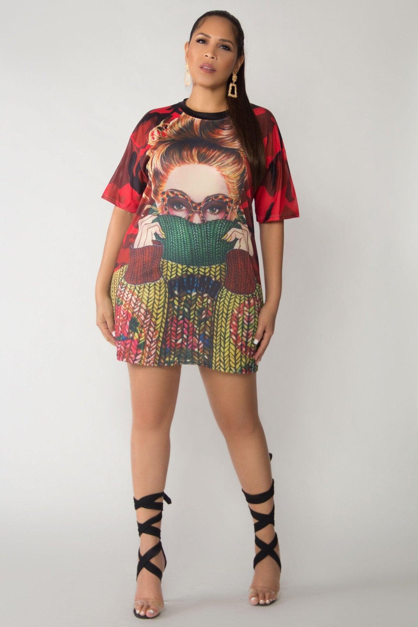 Amara Face Print Shirt Mini Dress - MY SEXY STYLES