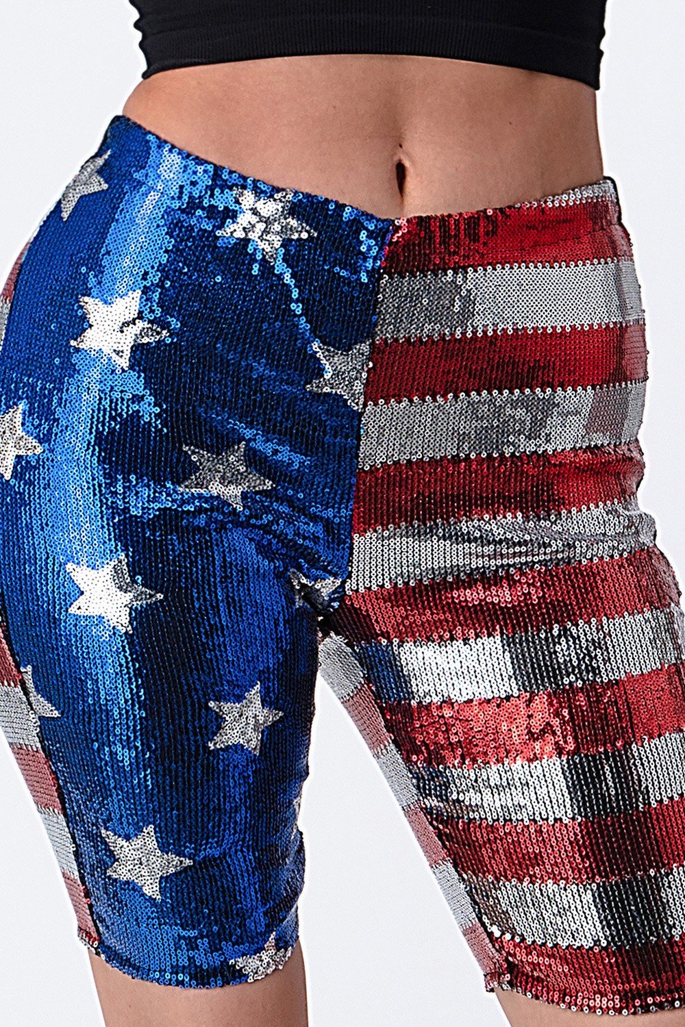 America Flag Printed Sequins Biker Shorts - MY SEXY STYLES