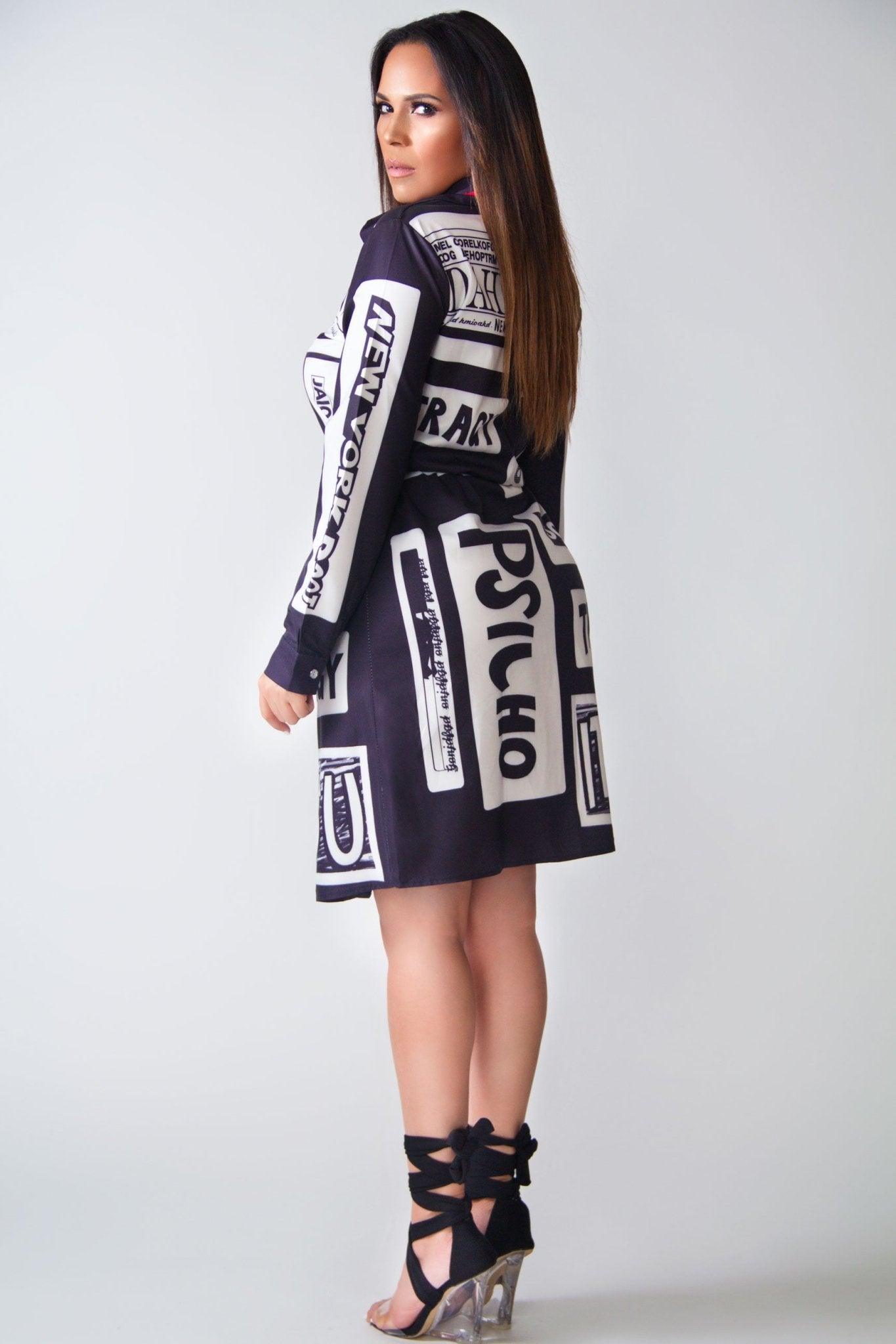 Aurora Letter Print Long Sleeves Belted Shirt Dress - MY SEXY STYLES
