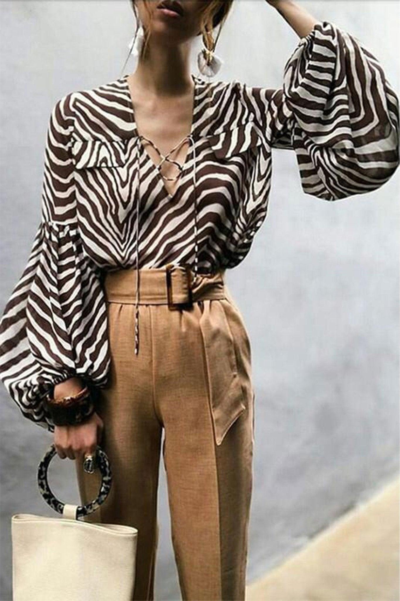 Celia Print Zebra Pattern V Neck Long Sleeve Blouse - MY SEXY STYLES