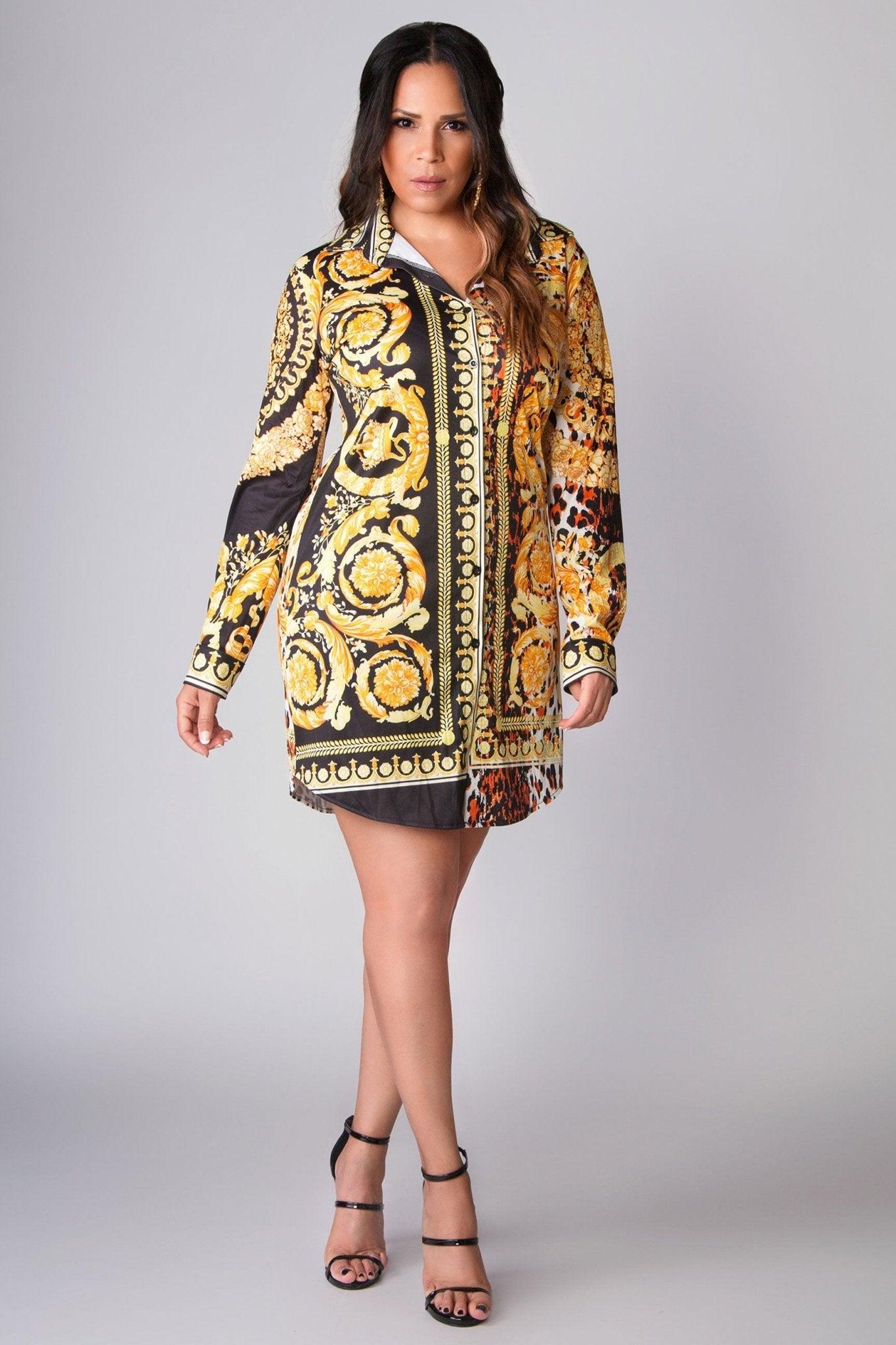 Danna Button Down Long Sleeves Colorful Retro Print Shirt Dress - MY SEXY STYLES