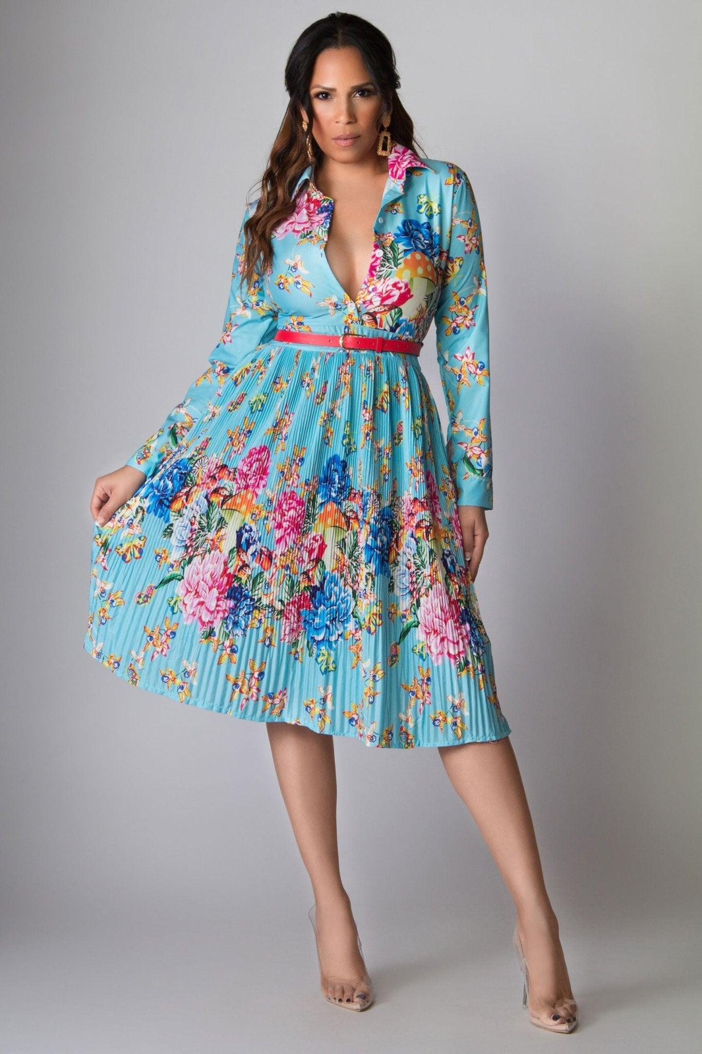 Elliott Floral Print Pleated Skirt Belted Classy Midi Dress - MY SEXY STYLES