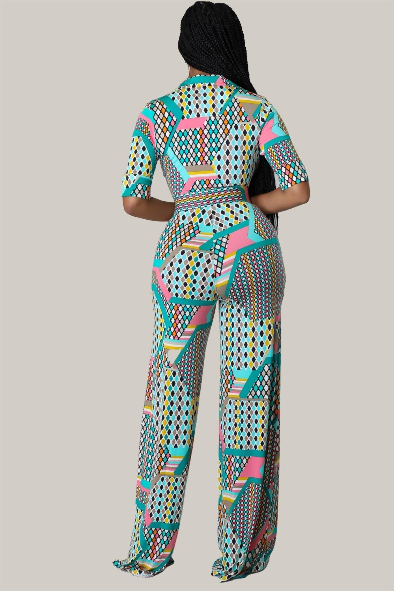 Irina Geometric Print Belted Jumpsuit - MY SEXY STYLES