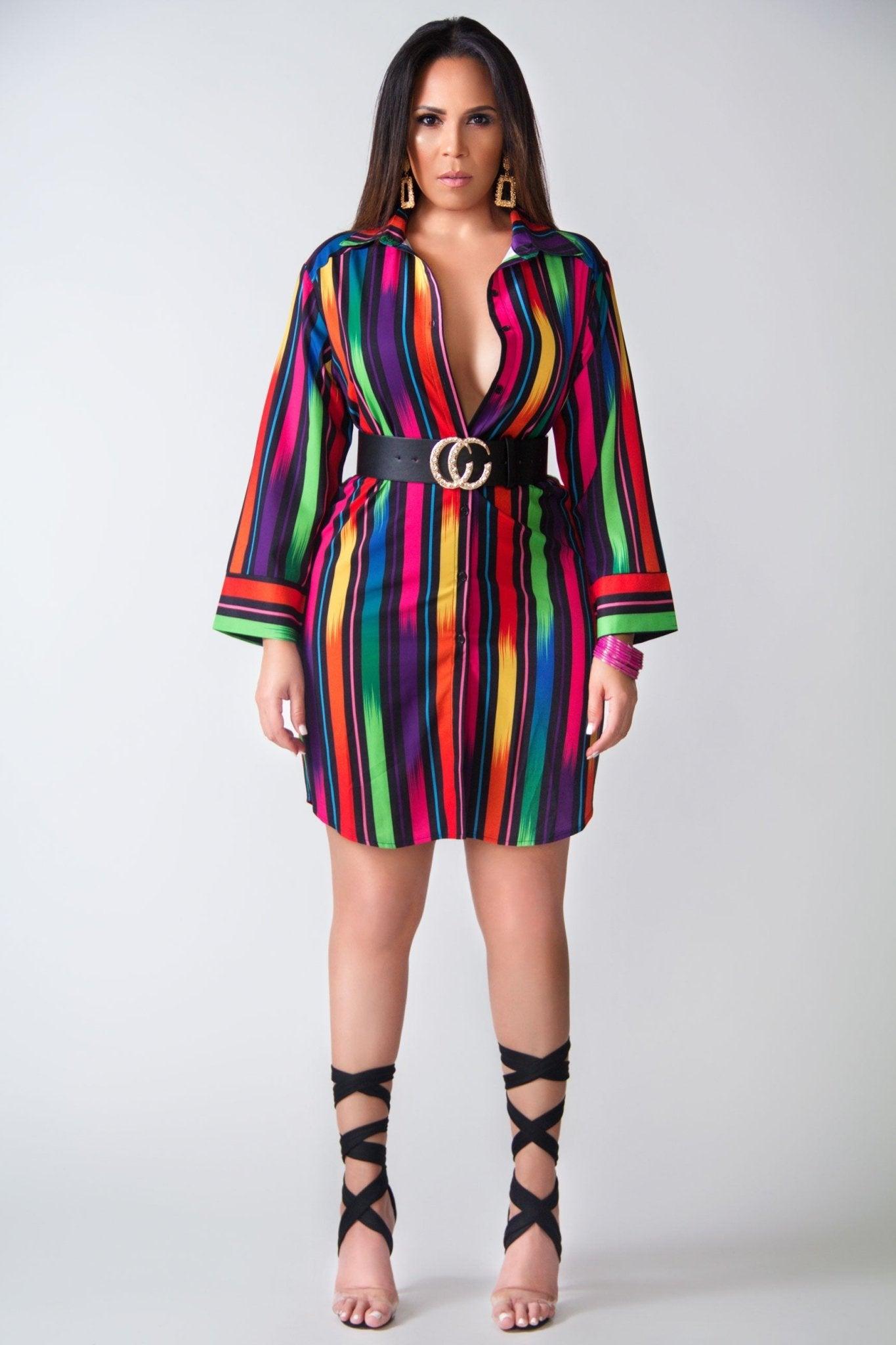 Ivy Colorful Stripes Long Sleeves Shirt Dress - MY SEXY STYLES