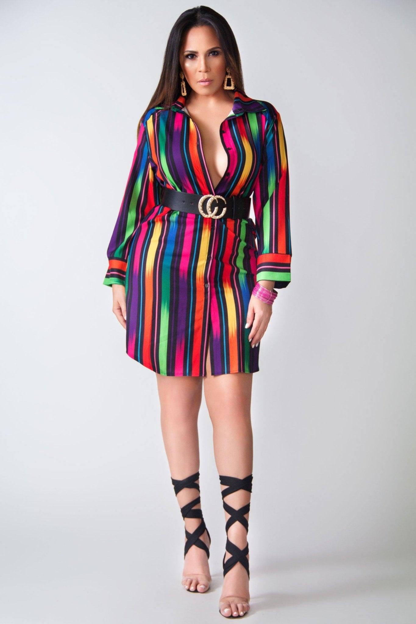 Ivy Colorful Stripes Long Sleeves Shirt Dress - MY SEXY STYLES