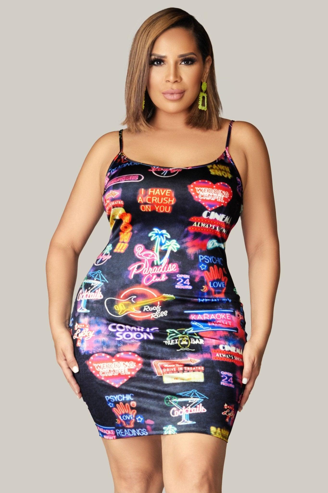 Jeanna Sleeveless Neon Sign Printed Satin Mini Dress - MY SEXY STYLES