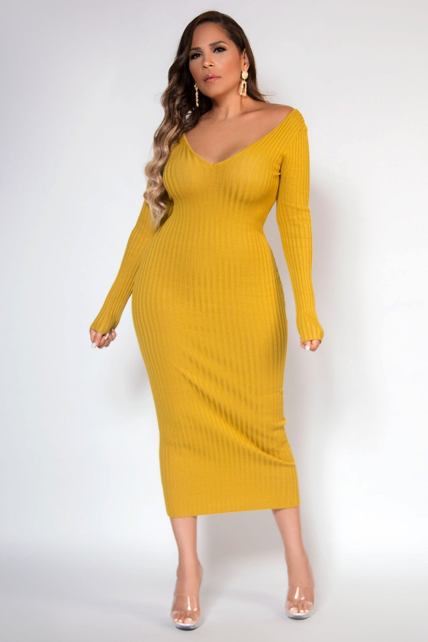 Kara Knit Sweater Long Sleeves Bodycon Midi Pencil Dress - MY SEXY STYLES