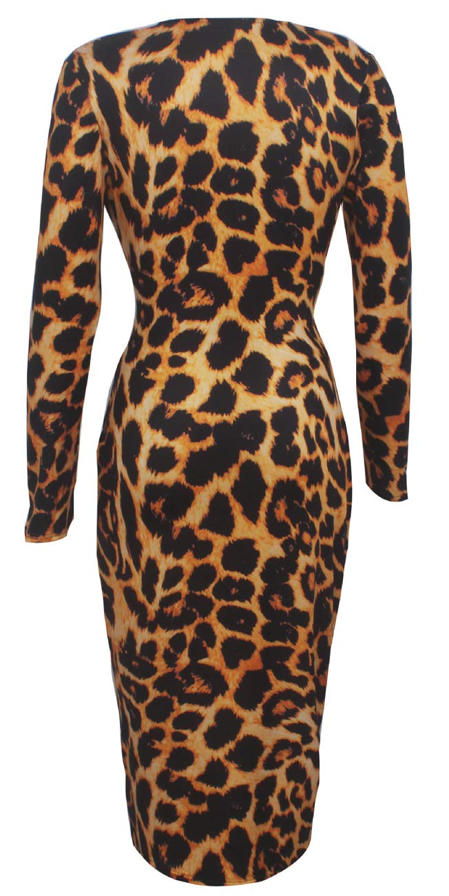 Lina Leopard Print Long Sleeves V-Neck Bodycon Dress - MY SEXY STYLES