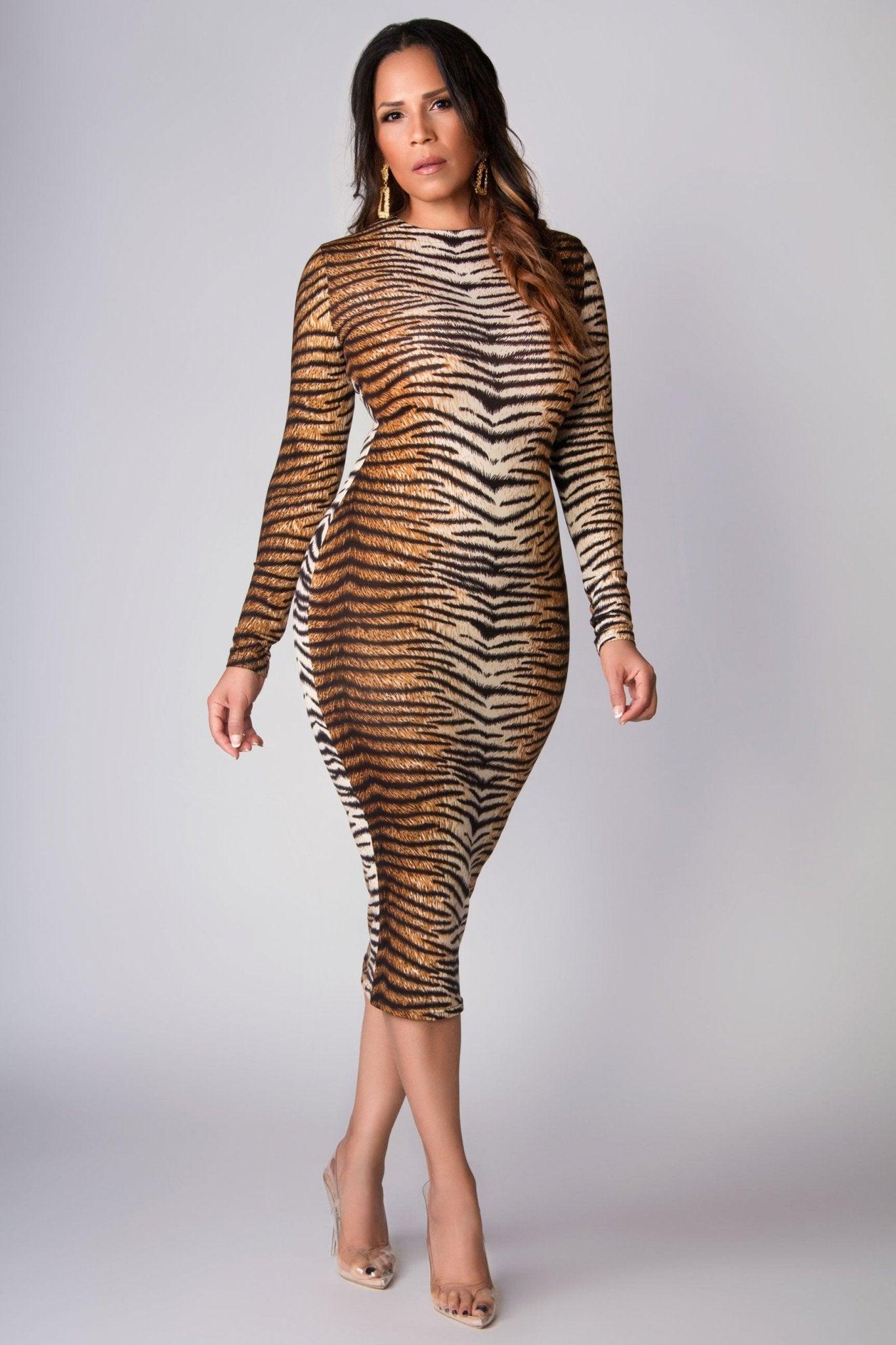 Lola Long Sleeves Bodycon Animal Print Sexy Midi Dress - MY SEXY STYLES