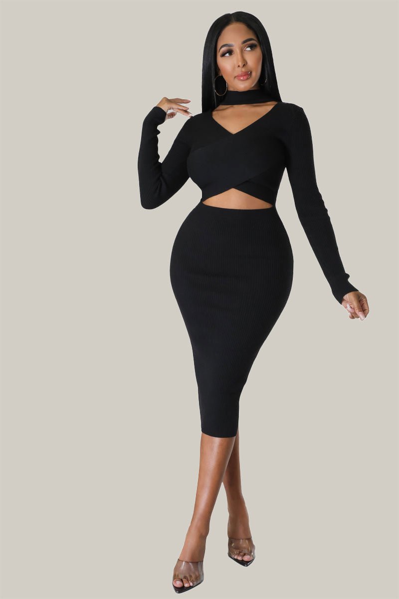 Malani Crossed Front Ribbed Midi Dress - MY SEXY STYLES