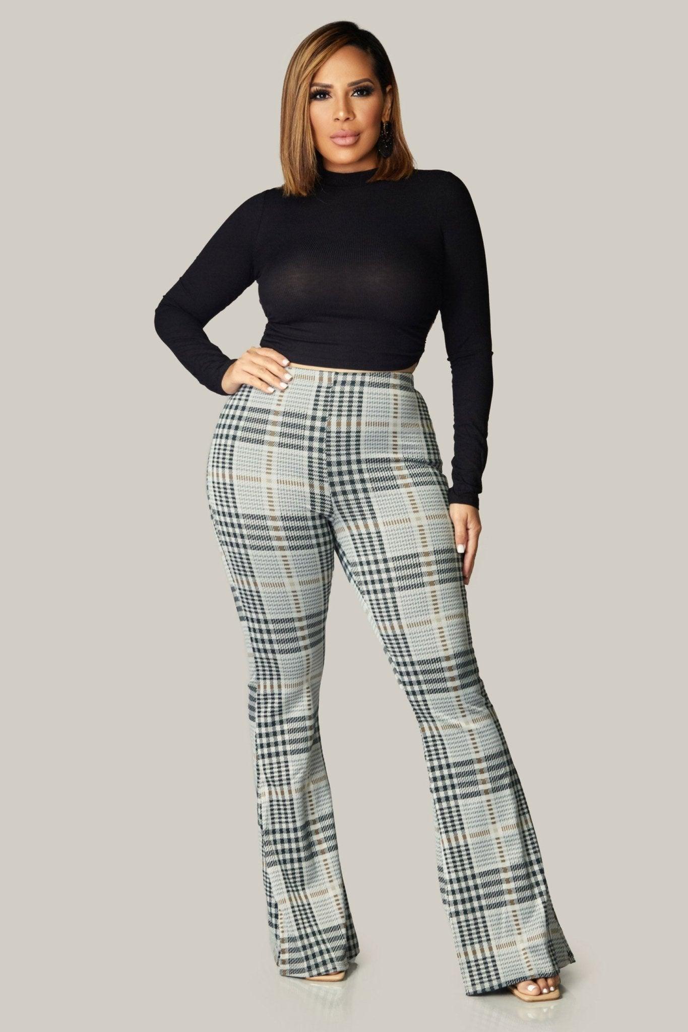 PLAID PRINTED FLARED LONG PANTS - MY SEXY STYLES