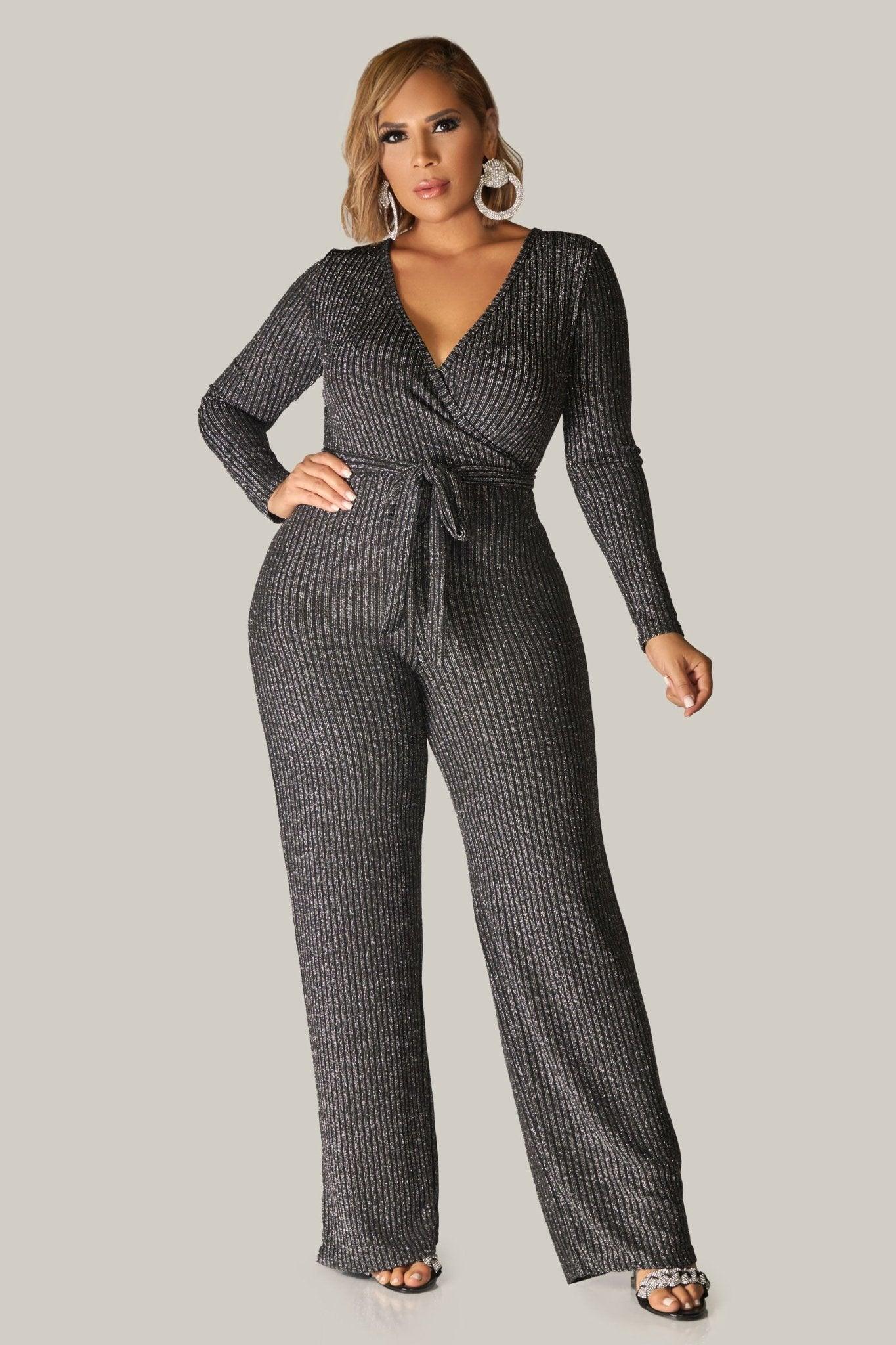 Rory Sexy V Neck Sparkly Long Sleeves Cocktail Jumpsuit with Belt - MY SEXY STYLES