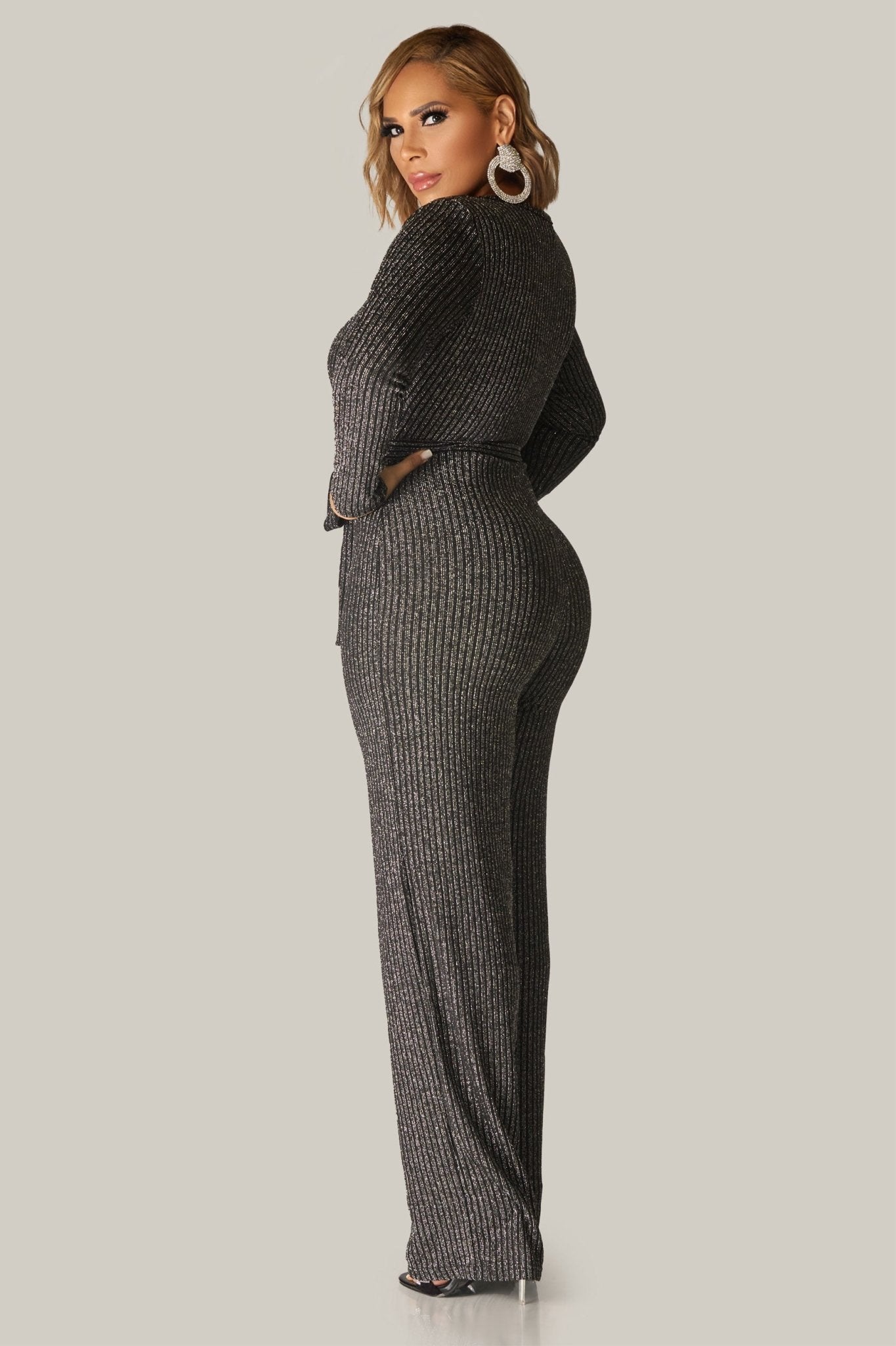 Rory Sexy V Neck Sparkly Long Sleeves Cocktail Jumpsuit with Belt - MY SEXY STYLES