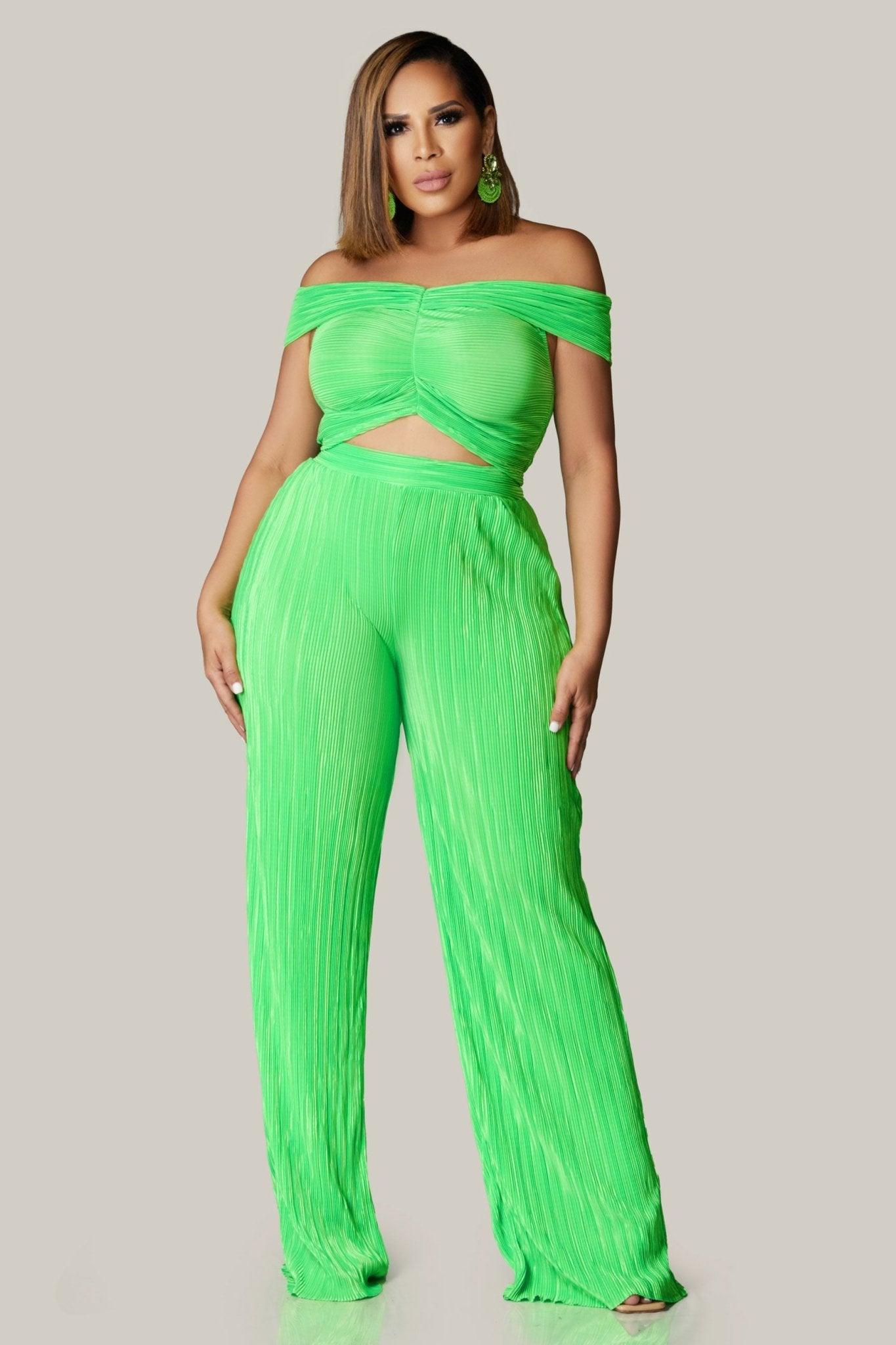 Seraphina Off Shoulder Neon Lime Green Pleated Pants Set - MY SEXY STYLES