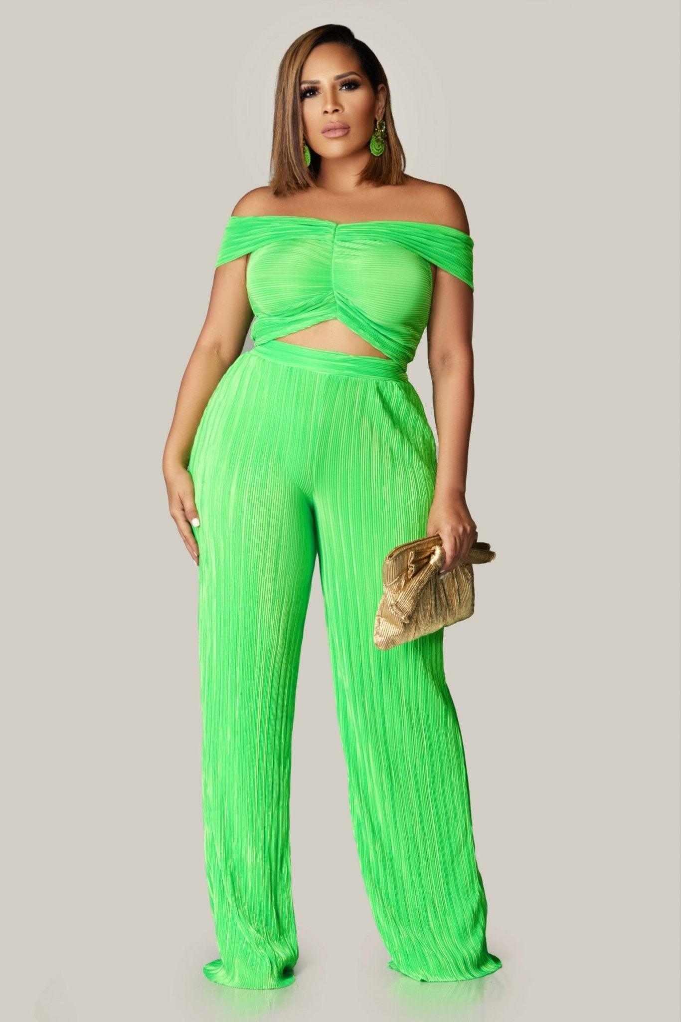 Seraphina Off Shoulder Neon Lime Green Pleated Pants Set - MY SEXY STYLES