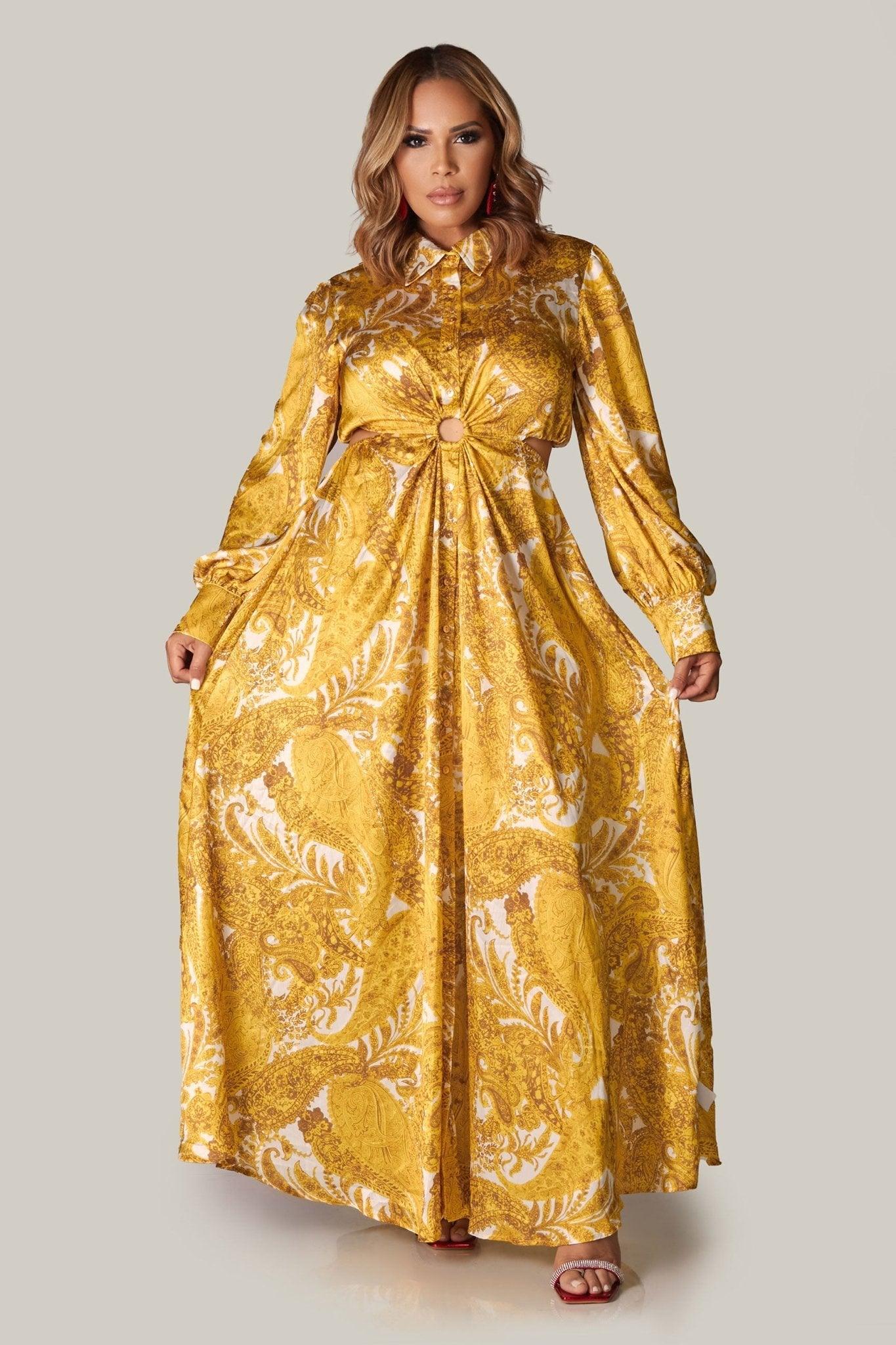 Sierra Gold Print Maxi Shirt Dress w/ Waist Cutouts - MY SEXY STYLES