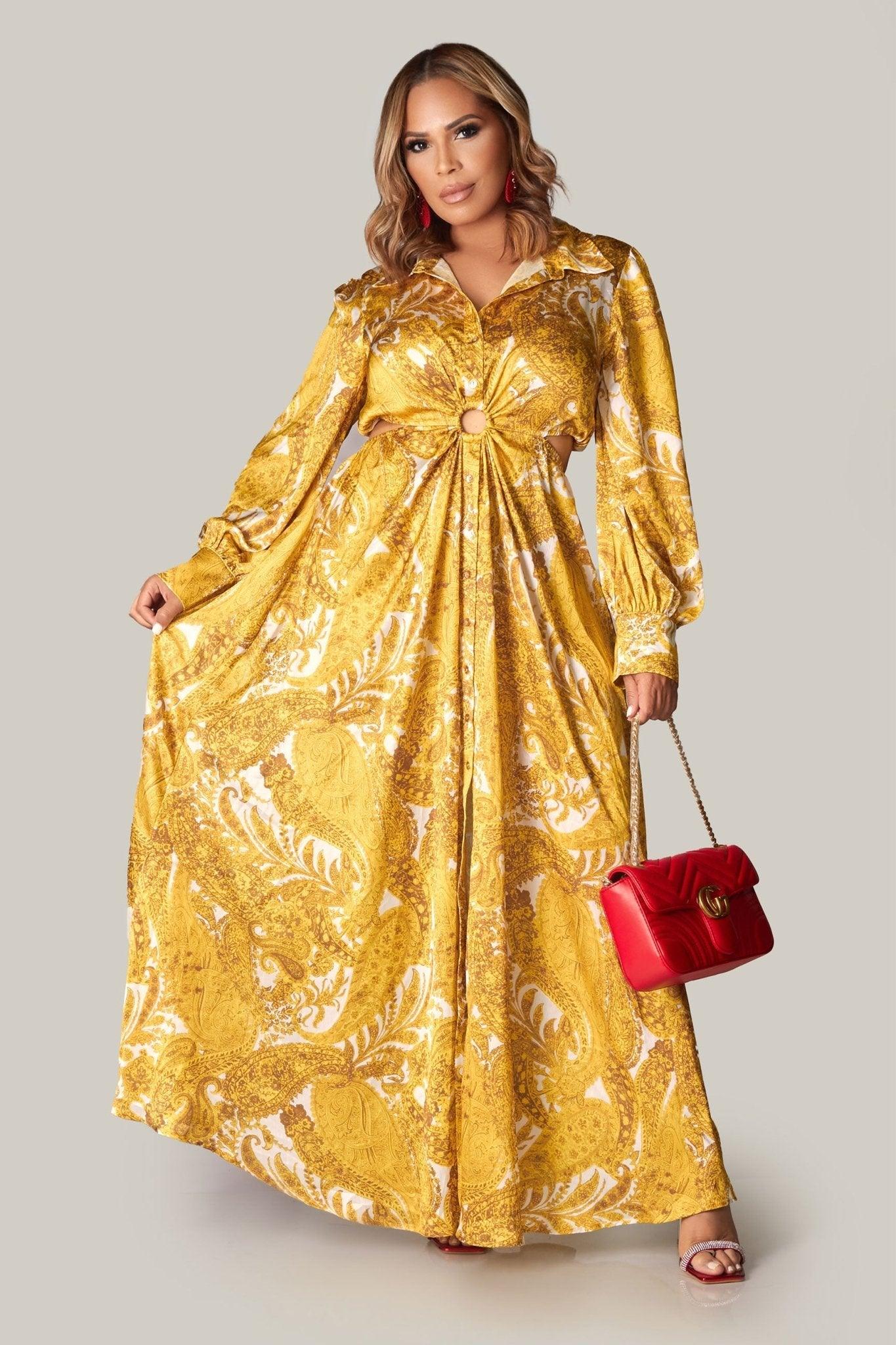 Sierra Gold Print Maxi Shirt Dress w/ Waist Cutouts - MY SEXY STYLES