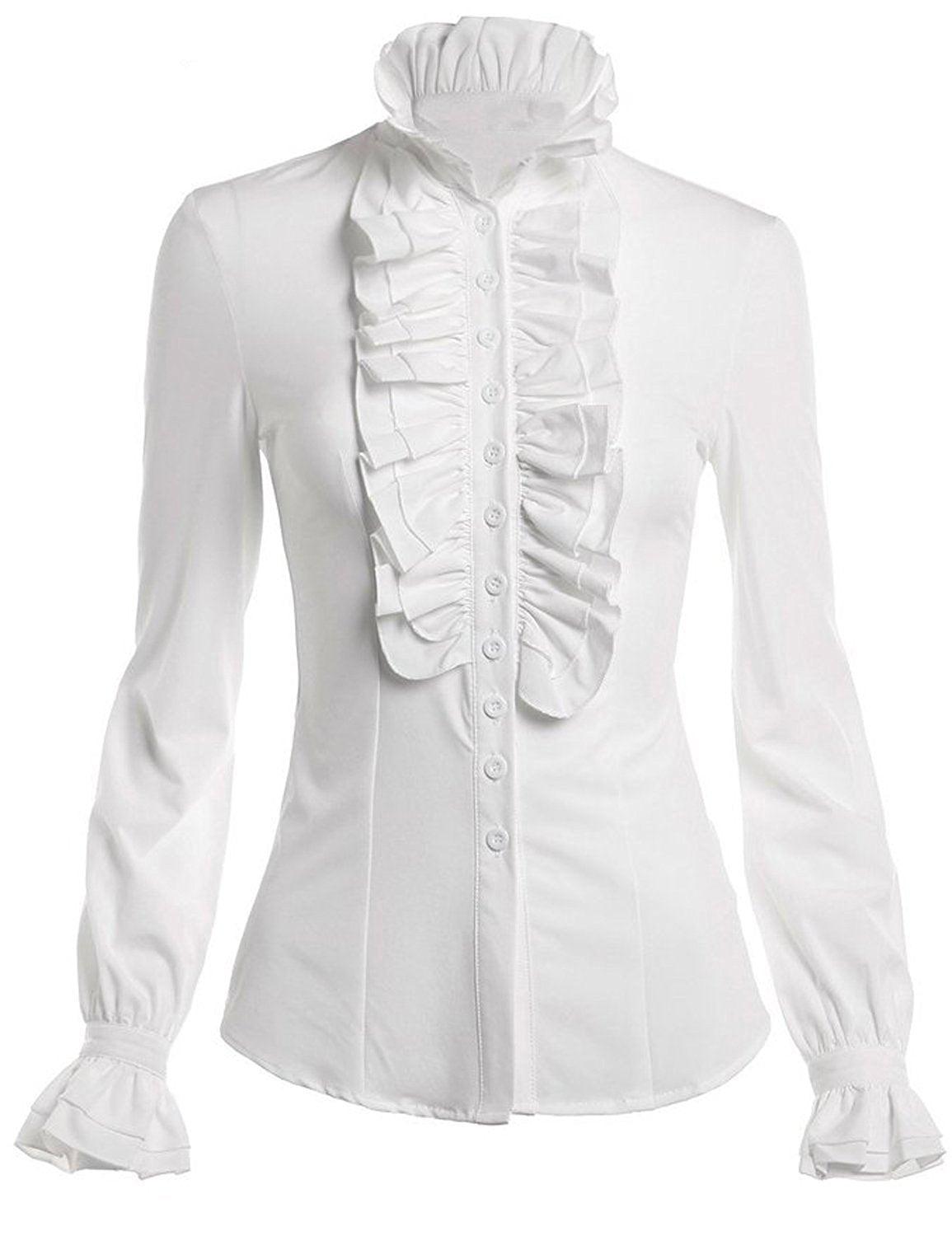 Stand-Up Ruffled Collar Buttoned Down Long Sleeves Shirt - MY SEXY STYLES