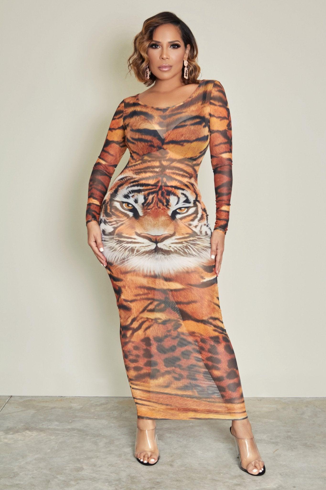 Tiger Skin Print Sheer Maxi Dress - MY SEXY STYLES