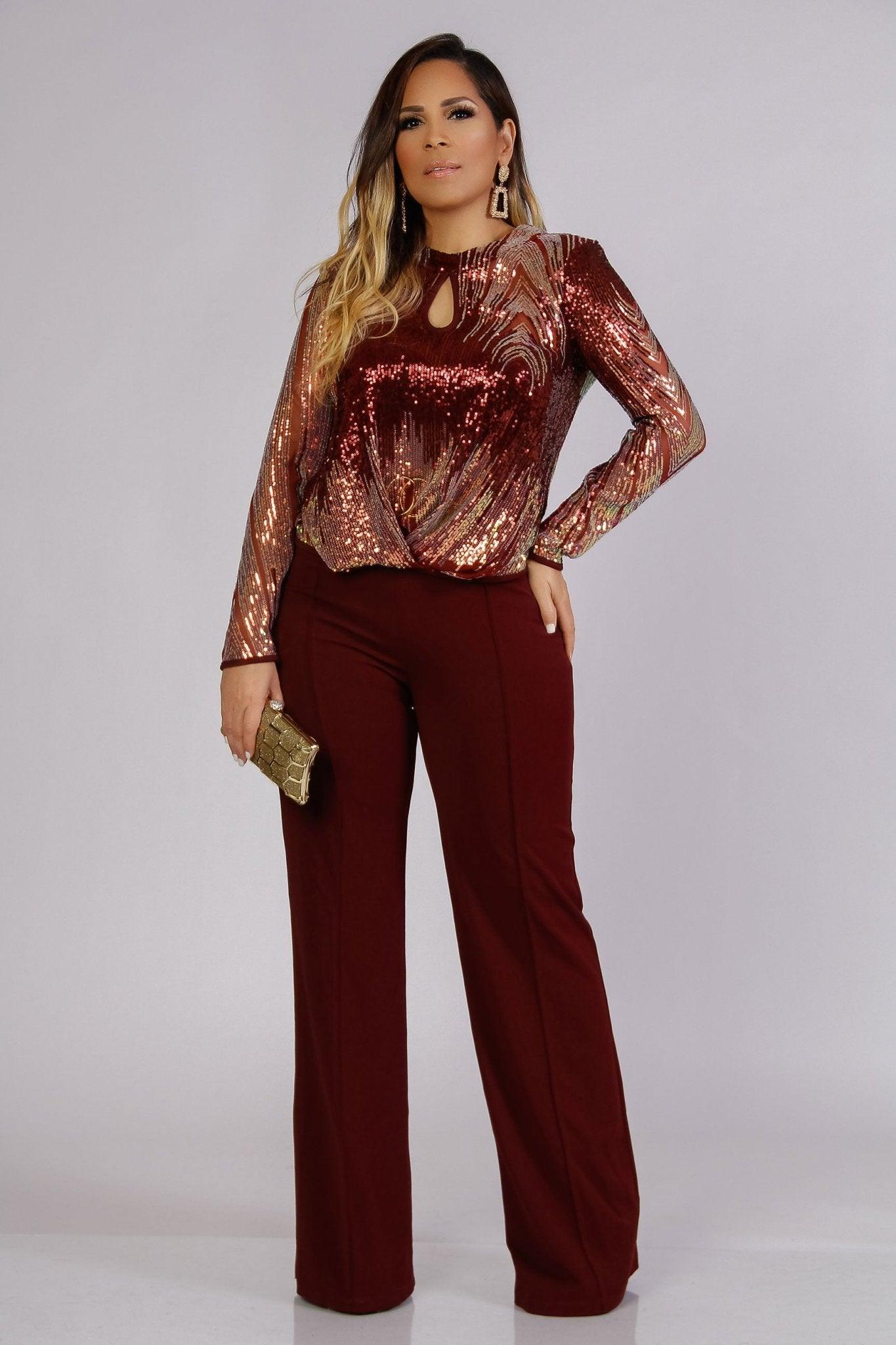 Whitney Elegant Keyhole Sequin Blouse in Burgundy - MY SEXY STYLES
