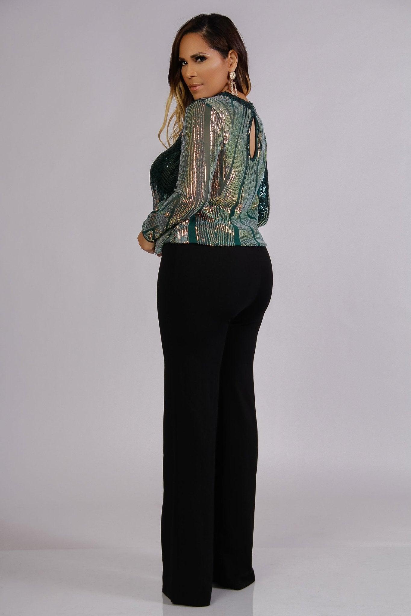Whitney Elegant Keyhole Sequin Blouse in Green - MY SEXY STYLES